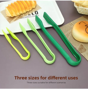 Three sizes of green plastic food tongs with non-slip ridges for bakery and kitchen use