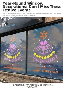 Close-up of pink Christmas tree window sticker with Merry Christmas text on glass