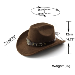 Detailed size chart for the dark brown suede cowboy hat with 7cm wide brim and woven leather band