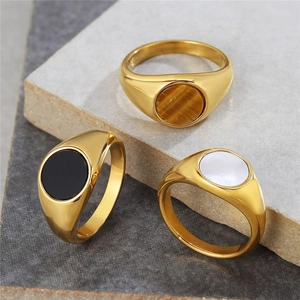Vintage Round Signet Ring Stainless Steel With Tiger Eye Lapis Lazuli Mother Of Artificial Pearl Black Stone Jewelry For Men Women