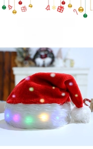 Close-up of plush red Christmas hat with integrated colorful LED lights on white trim