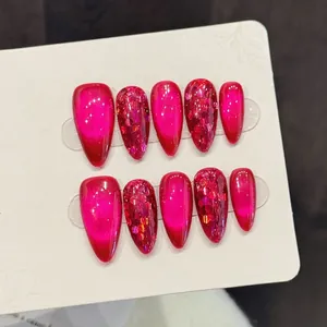 Handmade Press On Nails Cat Eye Effect Rose Red Sparkling Glitter Luxury Reusable Artificial False Nails For Women