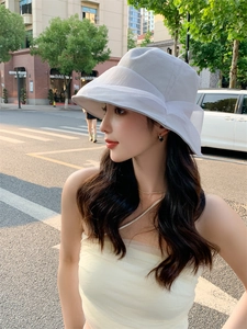 Detailed close-up of white sun hat featuring a wide brim and elegant bow decoration
