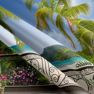 Detailed close-up of high-density fabric texture and tropical island digital print
