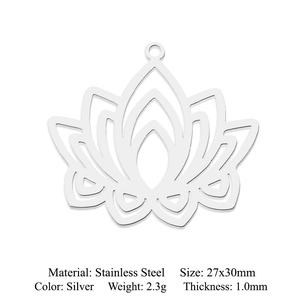 Detail view of a 27x30mm silver lotus flower pendant in polished stainless steel metal