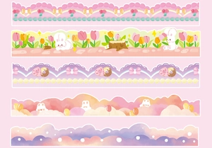 Detail of 5 decorative washi tape rolls featuring cute cartoon rabbits and donuts
