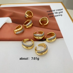 Minimalist irregular 18K gold plated double layer ring with zircon stones for women
