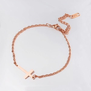 Minimalist rose gold stainless steel cross bracelet with lobster clasp and extender