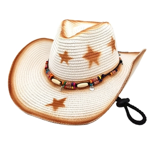 Western straw cowboy hat with star print, colorful beads and adjustable wind rope