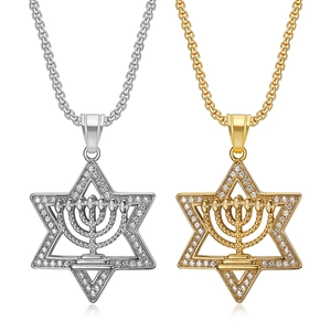 Hip Hop Titanstahl Vergoldet Davidsstern Anhänger Halskette Mit Strass Menora Hexagramm Anhänger Für Herren Religiöser Schmuck