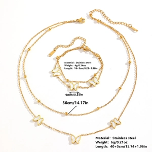 Golden stainless steel butterfly jewelry set with layered necklace and bracelet dimensions
