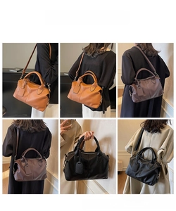 Detailed views of vintage pebbled leather boston bags in brown, coffee and black colors
