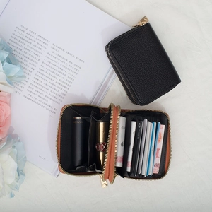 Minimalist leather zipper wallet with large capacity multi-card slots and lipstick holder