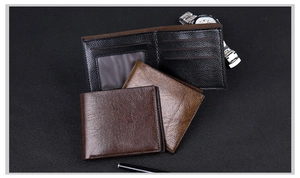 Men's leather wallets in three colors showing card slots and business accessories