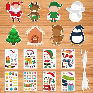 DIY Christmas card kit with 8 cartoon characters, stickers and white hanging strings
