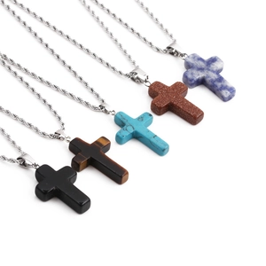Gemstone Cross Pendant Necklace With Stainless Steel Rope Chain Classic Fashion Jewelry Unisex