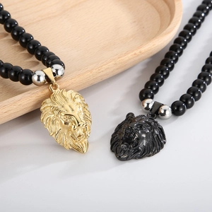 Lion Head Pendant Necklace Vintage Men Stainless Steel Black Agate Beaded Chain Hip Hop Style Relief