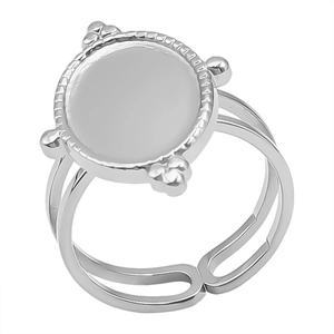 Macro shot of silver adjustable open ring with a round tray and double-track hollow structure