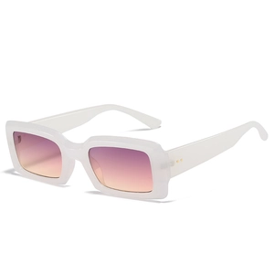 Modern white rectangular sunglasses with purple to orange gradient lenses and gold rivets