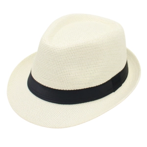 Draufsicht auf einen weißen Trilby Panama-Hut mit klassischem schwarzem Ripsband-Dekor