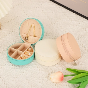 Portable round PU leather jewelry box organizer with zip closure in multiple colors