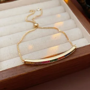 Adjustable 18K gold plated bracelet with colorful rainbow zircons and sliding clasp