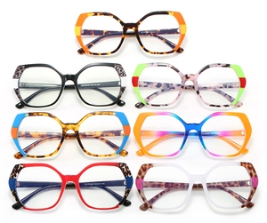 Multiple colorful TR90 polygonal anti-blue light eyeglass frames shown in various patterns