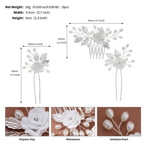 Detailed dimensions of bridal hair comb set with white polymer clay flowers and pearls