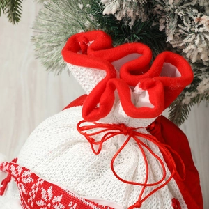 Large knitted Christmas drawstring gift bag with reindeer and snowflake knit patterns