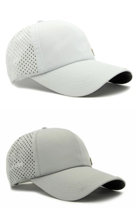 Detail of laser-perforated mesh and quick-dry fabric on outdoor baseball caps