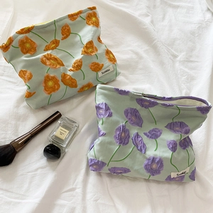 Floral Makeup Bag Polyester Zipper Cosmetic Organizer Travel Pouch Embroidery Flower Pattern Portable Clutch For Women