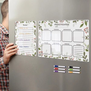 Magnetic acrylic weekly planner and notes board set with 6 markers on a stainless fridge