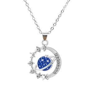 Blue planet necklace with moon and stars pendant on silver chain for women