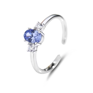 Adjustable S925 silver ring with oval tanzanite purple zircon and small white diamonds