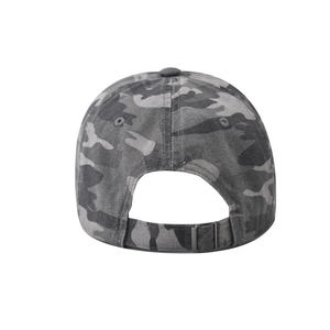 Detail of camouflaged baseball cap with adjustable metal buckle and twill fabric texture