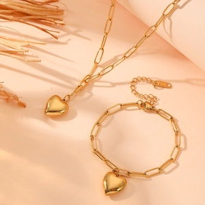Elegant 18K gold plated heart necklace and paperclip chain bracelet set for women