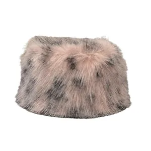Plush faux fur leopard bucket hat in soft pink with dark spotted tips for women