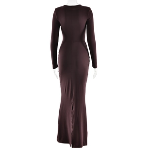 Detail view of deep brown bodycon maxi dress with side ruching and back slit on mannequin