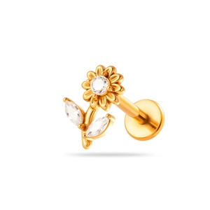 Golden sunflower labret stud with crystal petals and leaves on a plain white background