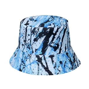 Unisex bucket hat with blue and black splash-ink print for summer sun protection