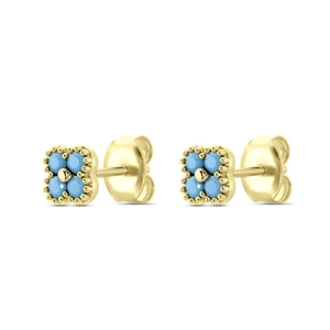 Close-up of gold flower earrings with four turquoise petals and detailed beaded edges