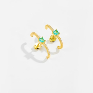 Elegant gold S925 silver C-shape earrings with teal main stone and white zircon stones