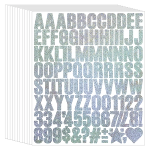 Detail of 1 inch holographic silver glitter alphabet and number stickers for DIY crafts