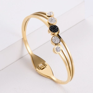 Minimalist gold elastic bangle with three-row design and sparkling inlaid zircon stones