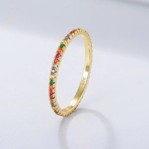 Gold plated S925 sterling silver eternity ring featuring colorful pave zircon stones
