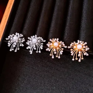 Luxury 18k gold plated firework stud earrings with sparkling zircon and central pearl