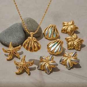Golden titanium steel necklace and star earrings set with iridescent abalone shell inlay