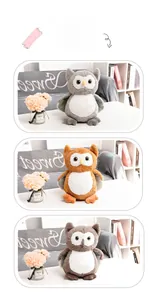 Detailed comparison of owl plush toy varieties in grey, brown, and dark grey soft fabric