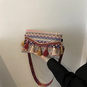 Close-up of bohemian crossbody bag with colorful geometric patterns and fringe tassels