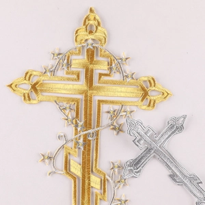 Religious cross embroidery patches in gold and silver metallic threads for clothing
